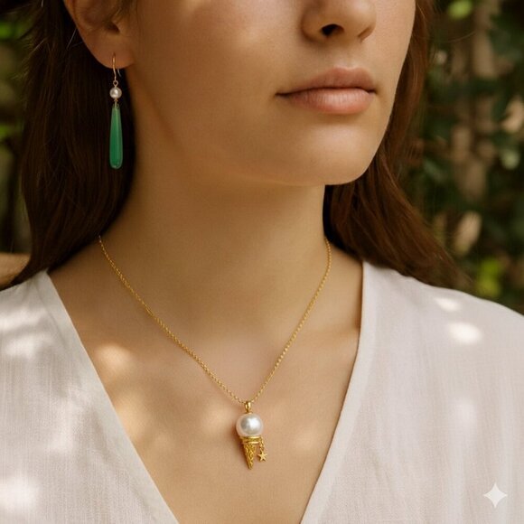 Long Dangle Green Jade & Baby Fresh Water Pearl Earrings - Picture 3 of 3